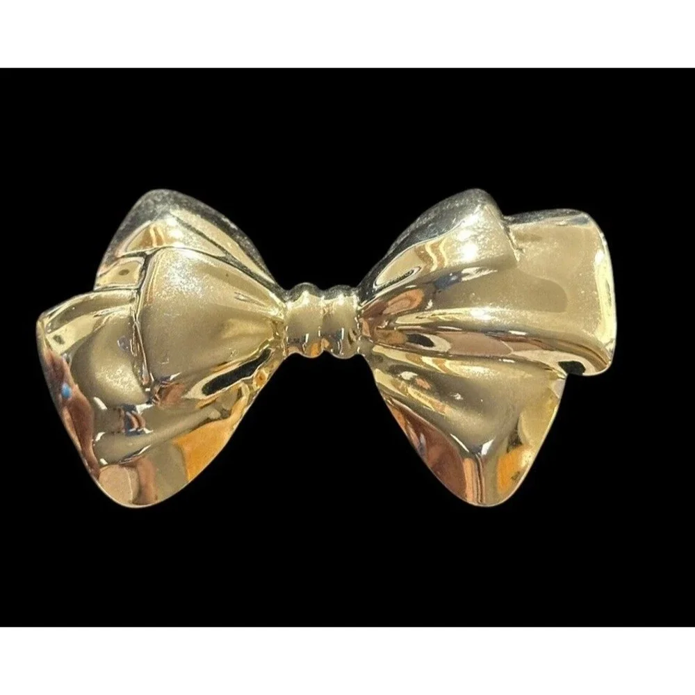 Vintage‎ Bow  Ribbon Brooch Gold Tone Dimensional  Bow Tie Brooch Large Puffy